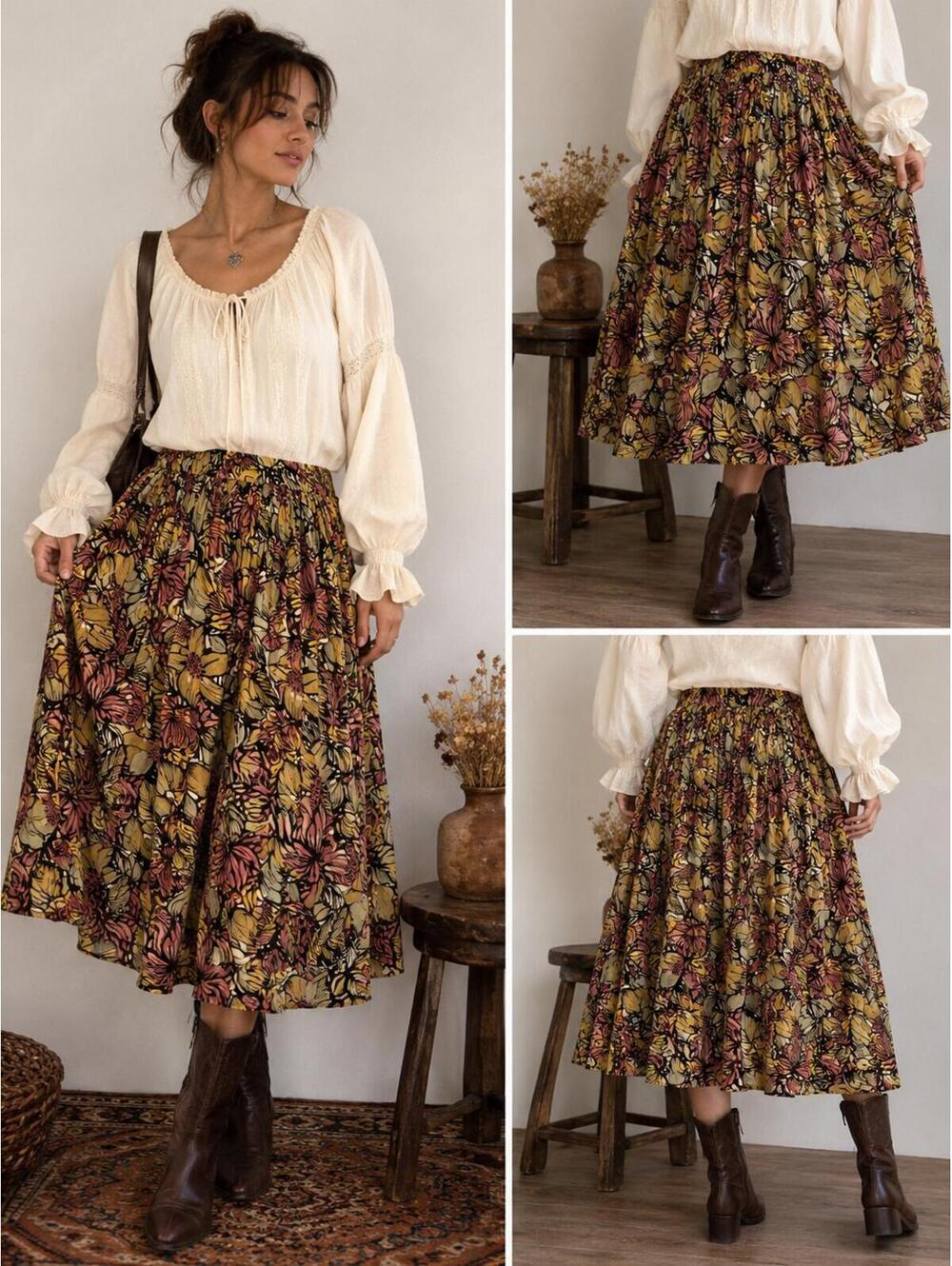 Sara Studio Petite Floral Cotton Peasant Midi Skirt Boho Cottagecore PM